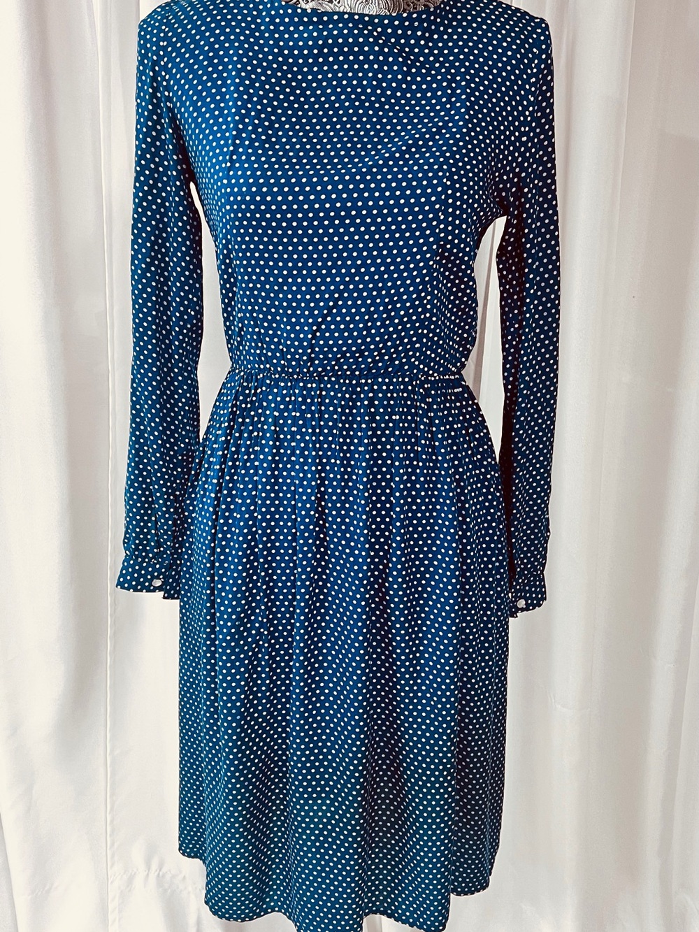 Polka Dot Navy Long-Sleeve Midi Dress